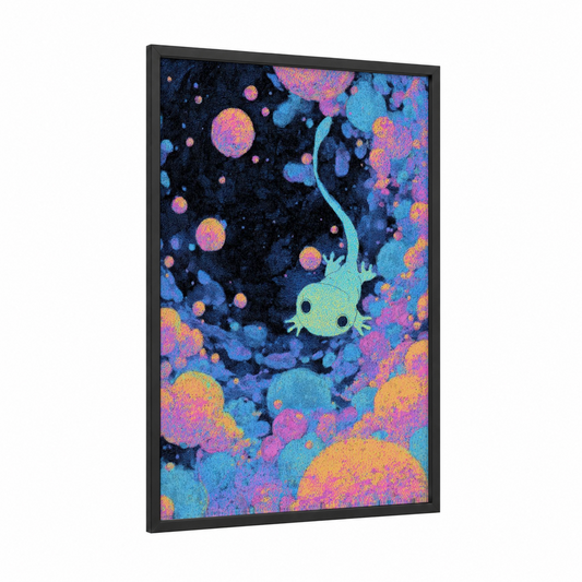 Bioluminescent Alien framed extraterrestrial print — black wood frame — blue and magenta palette