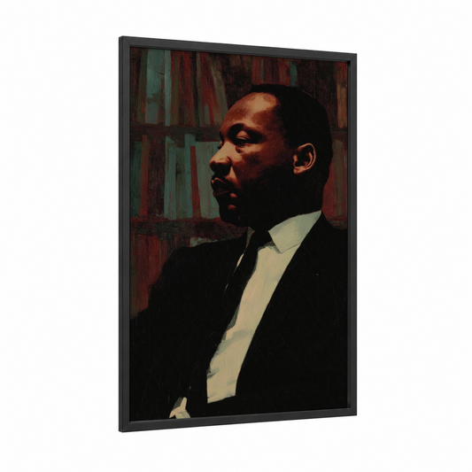 Thoughtful Leader Portrait framed martin luther king jr day print — black wood frame — russet and black palette