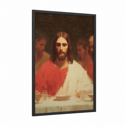 Christ at Table framed jesus christ print — black wood frame — red and cream palette
