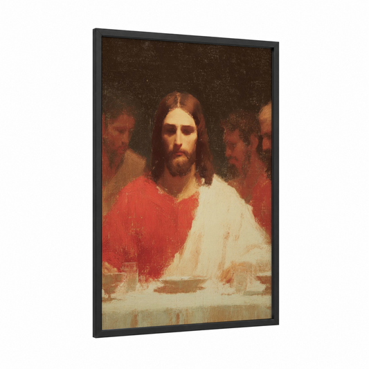 Christ at Table framed jesus christ print — black wood frame — red and cream palette
