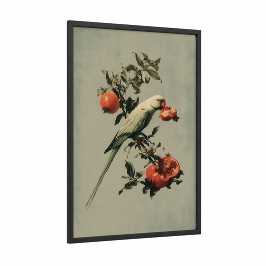 Pomegranate Parrot framed safari parrots print — black wood frame — cream and red palette