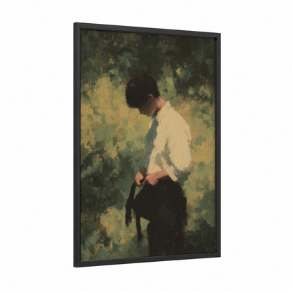 Focused Judoka framed art print — black wood frame — olive and gold palette
