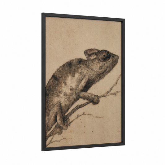 Perched Chameleon framed art print — black wood frame — black and beige palette