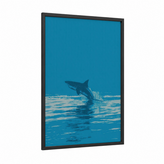Breaching Basking Shark framed art print — black wood frame — teal and blue and white palette
