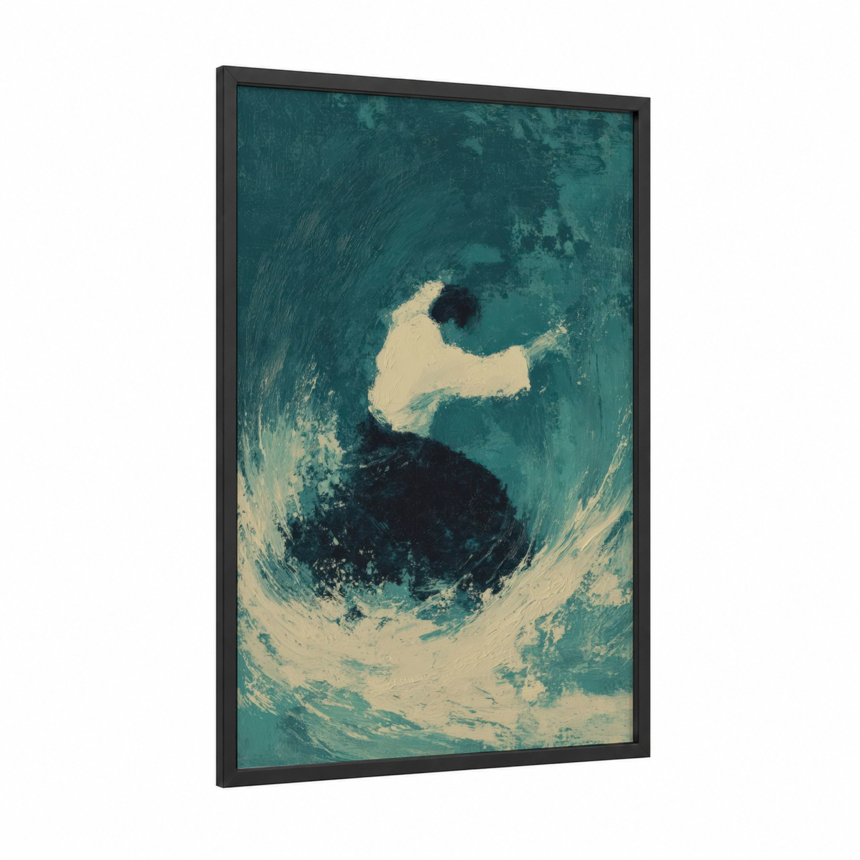 Flowing Aikido framed art print — black wood frame — teal and cream palette
