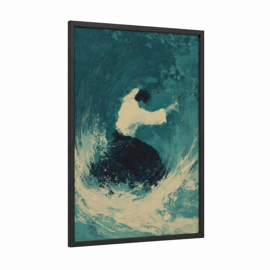 Flowing Aikido framed art print — black wood frame — teal and cream palette