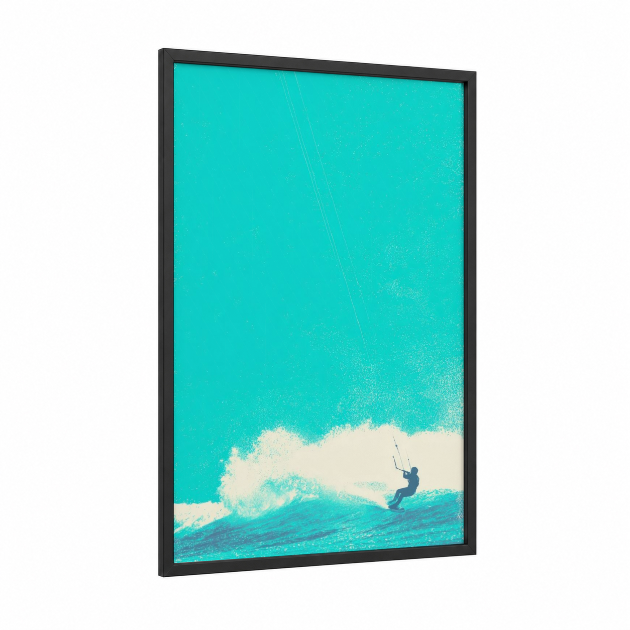Turquoise Wave Rider framed kite surfing print — black wood frame — turquoise and cream palette