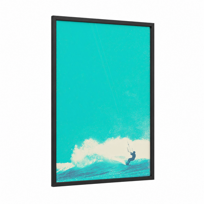 Turquoise Wave Rider framed kite surfing print — black wood frame — turquoise and cream palette