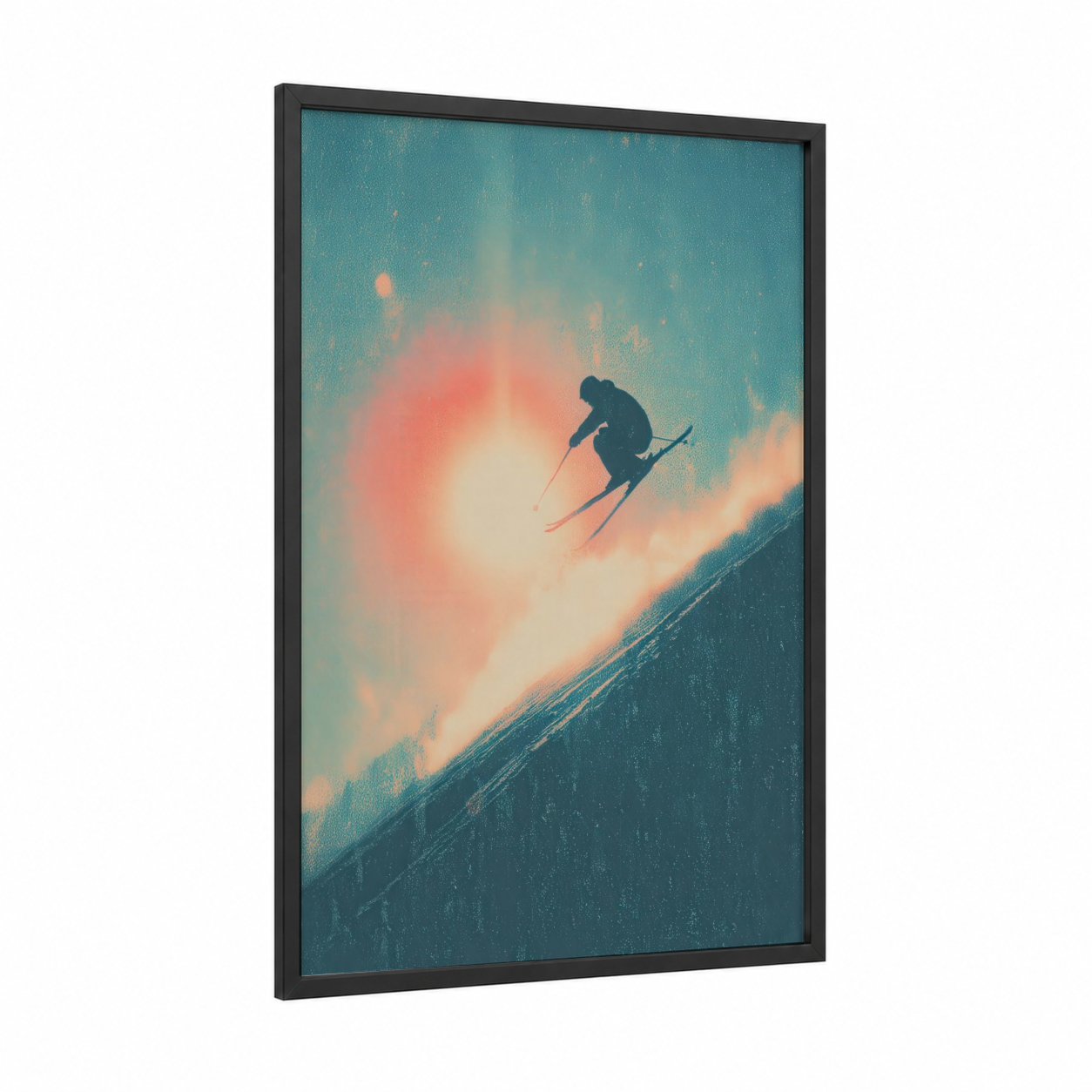 Alpine Descent framed skiing print — black wood frame — teal and peach palette