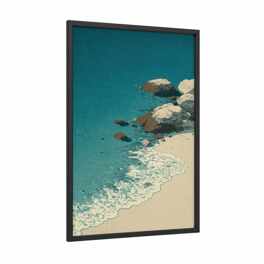 Turquoise Shoreline framed sandy beach print — black wood frame — turquoise and cream palette